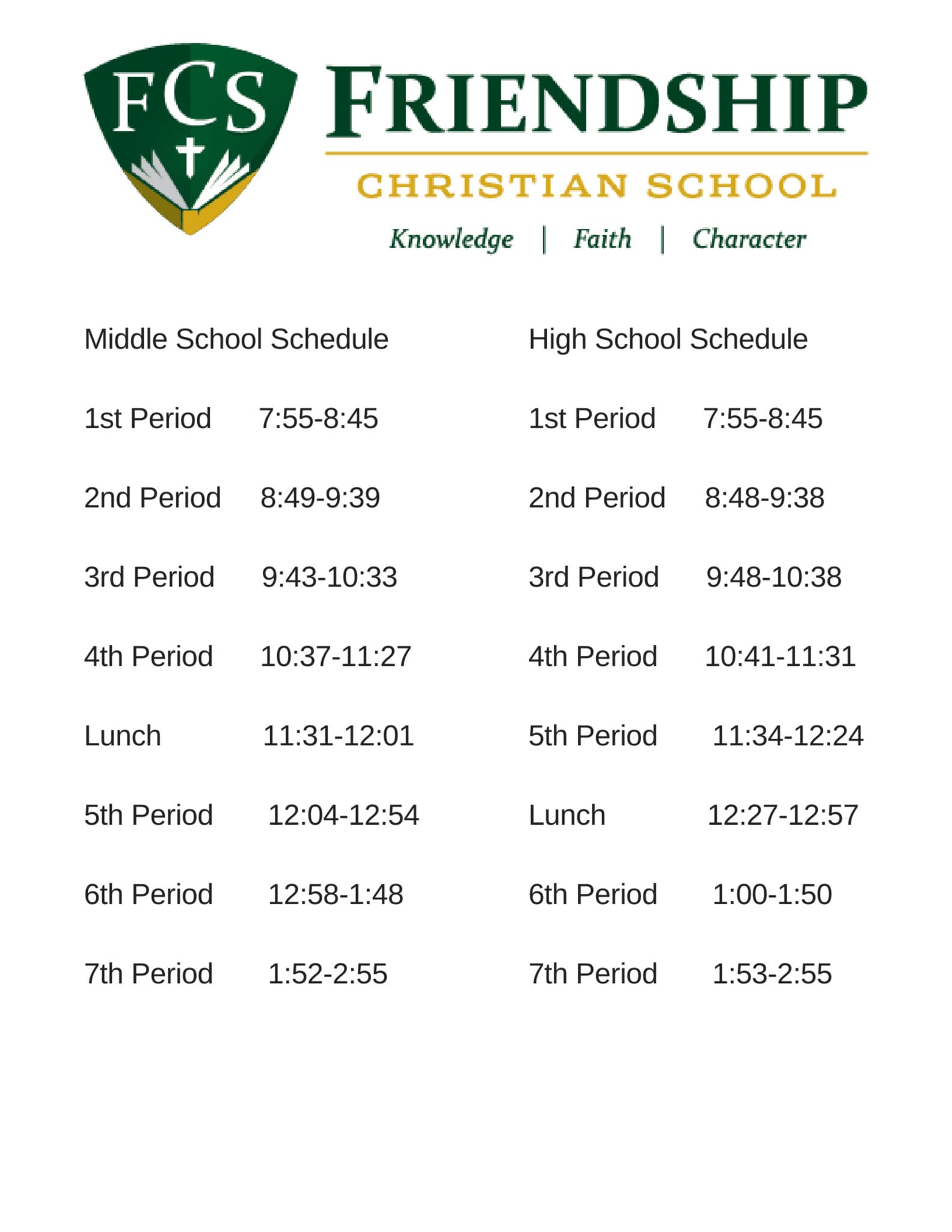 Middle School Schedule Friendship Christian School