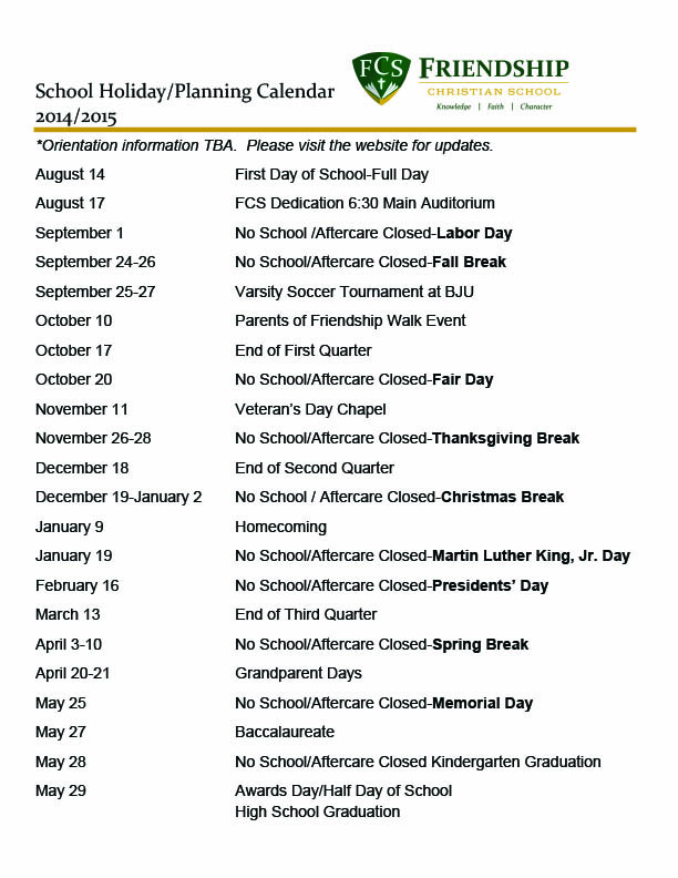 201415 School HolidayPlanning Calendar Friendship Christian School