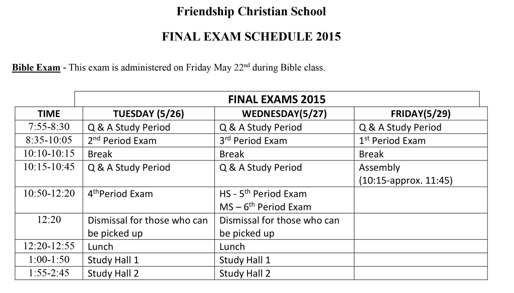 Final Exam Schedule 2015 - Student Edition - Schedule Only